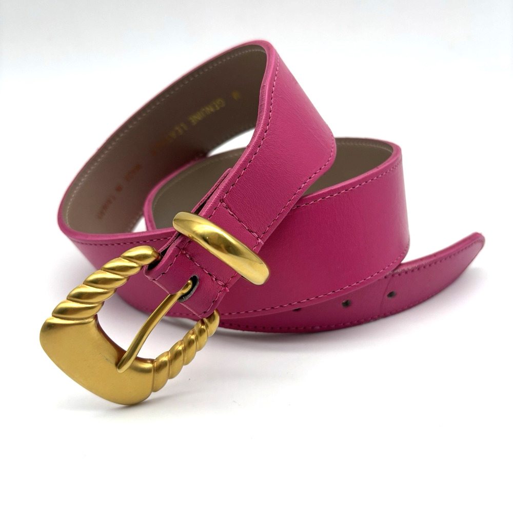 Vintage 80s Hot Pink Genuine Leather Brass Buckle Waist Belt M 26-29" Taiwan